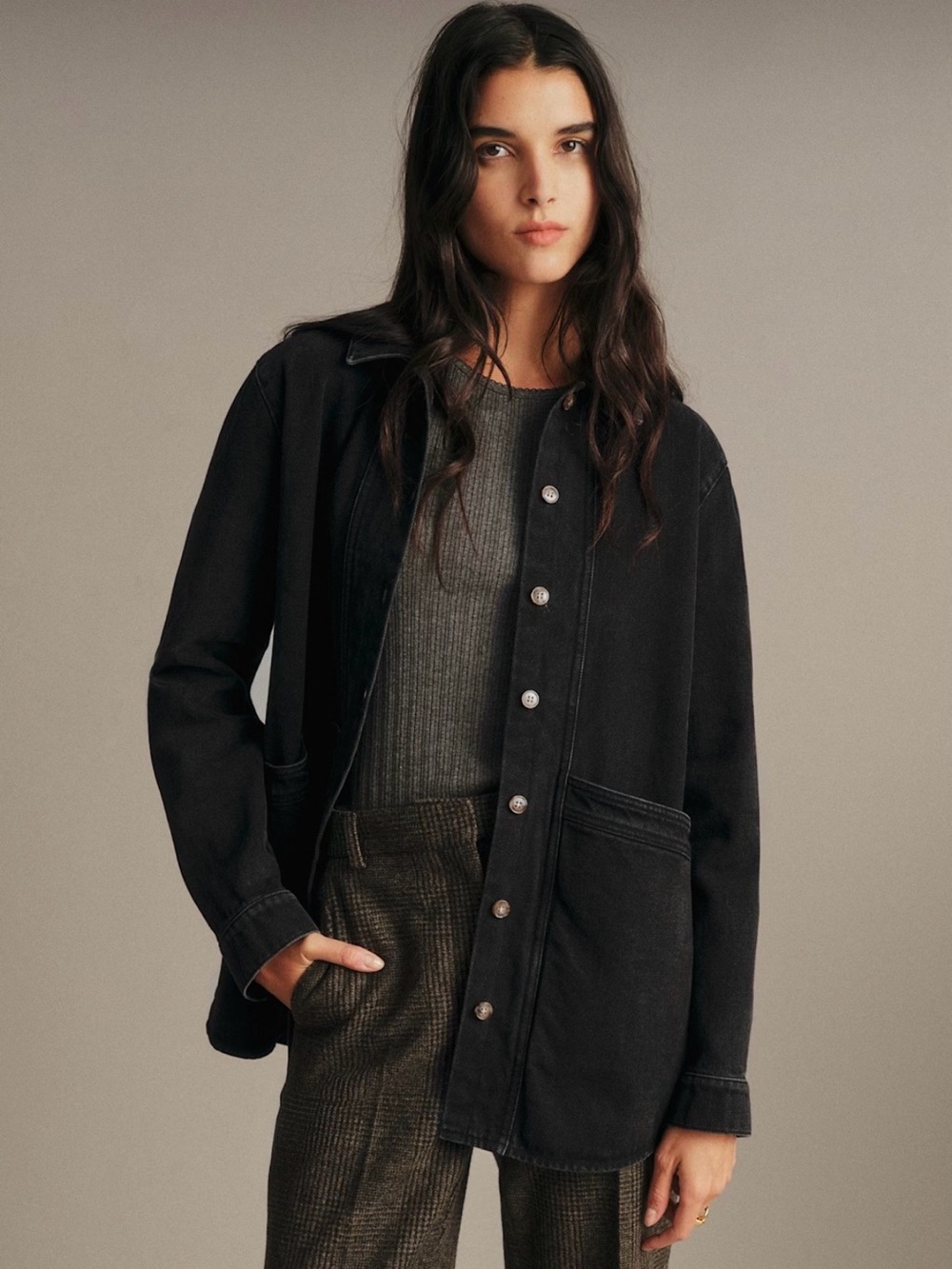 Sezane Will Jacket in washed black denim with front patch pockets. S, worn once